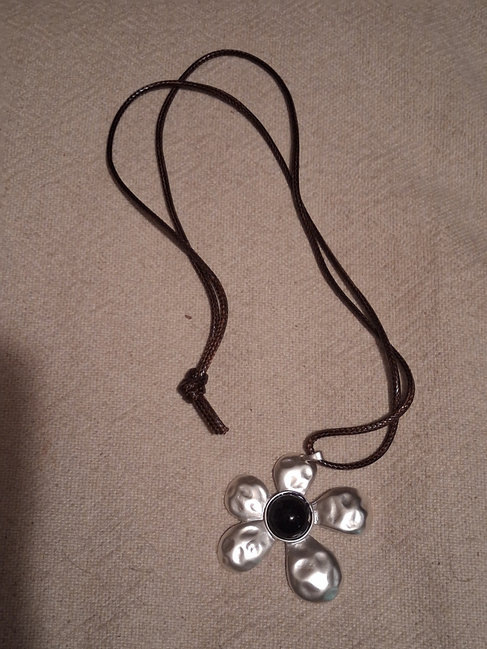 Source Unknown Silver Flower Necklace with Black Center on Brown Cord